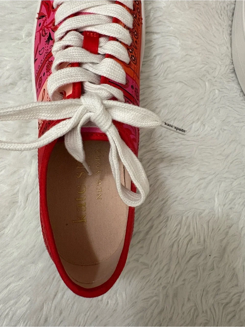 Kate Spade New York Serve Bandana Patchwork Platform Red-Pink Sneakers Size 7.5B